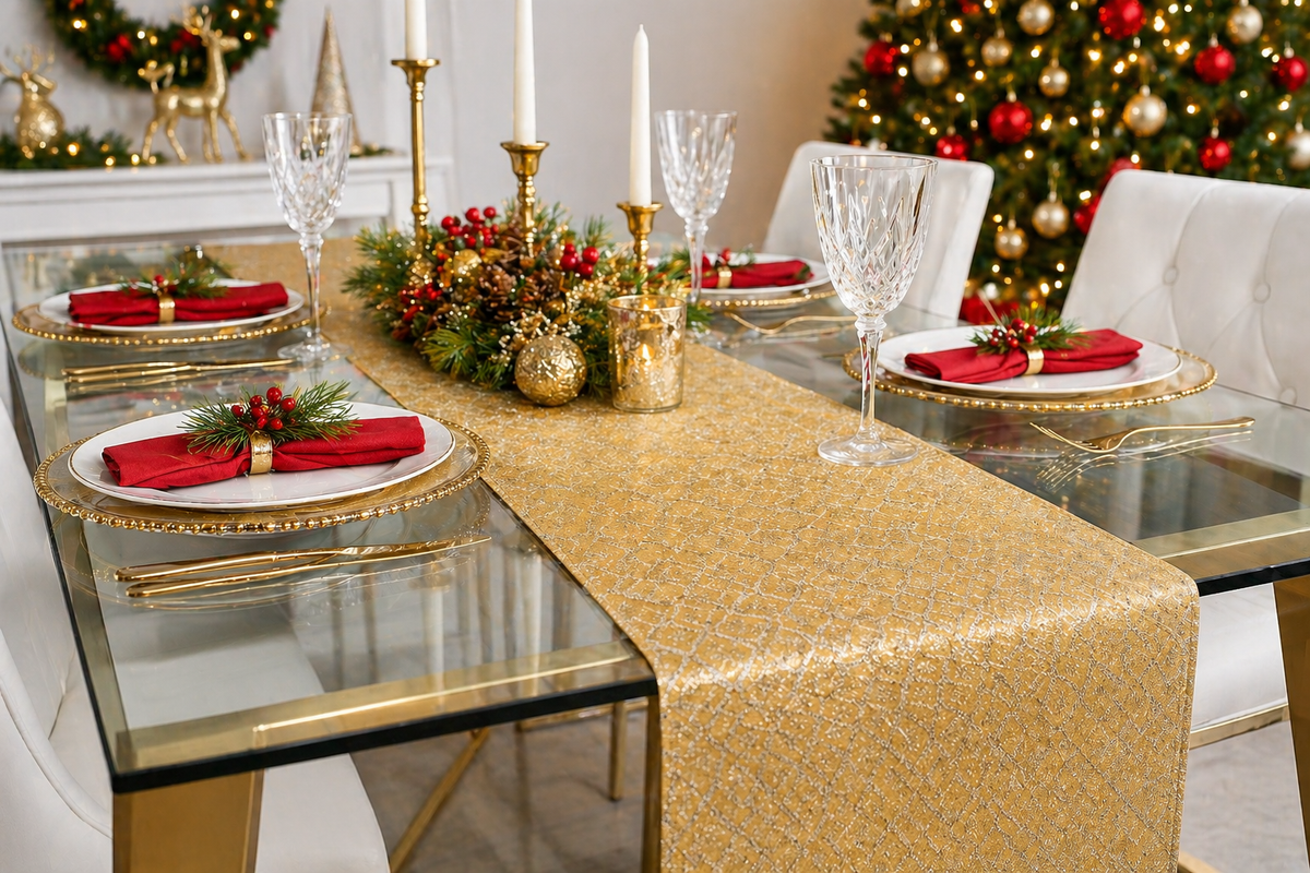 TABLERUNNER POLY 2M X 35CM CHAMPAGNE