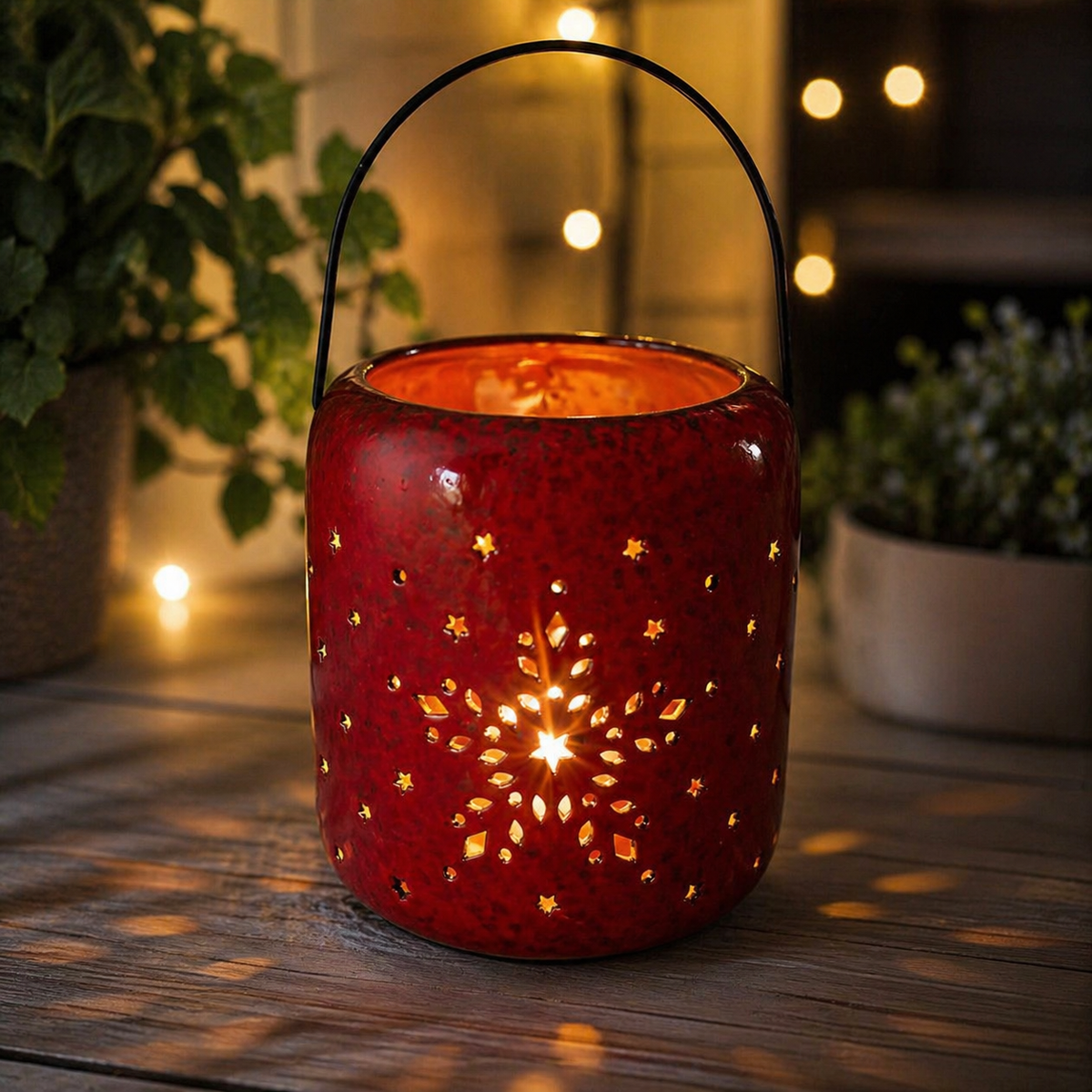 CERAMIC LANTERN RED CONE LG W:13.5 D:13.5 H:18.6cm