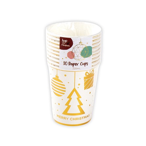 Paper Cups 220ml Xmas Gold Foil 10pk P6.7 FSC Mix 70%