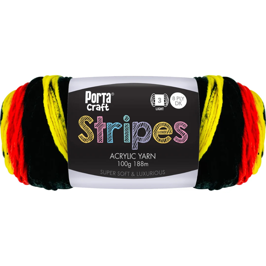 Stripes Acrylic Yarn 100g 188m 8ply - Black, Yellow, Orange Mix