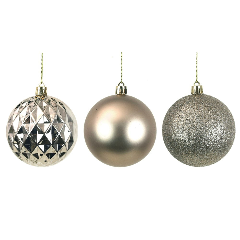 4PK 8CM LIGHT CHAMPAGNE SHATTERPROOF BAUBLES IN PVC TUBE & BLACK PDQ