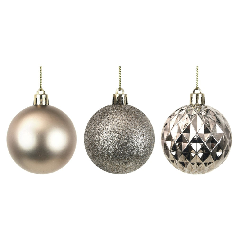 8PK 6CM LIGHT CHAMPAGNE SHATTERPROOF BAUBLES IN PVC TUBE & BLACK PDQ