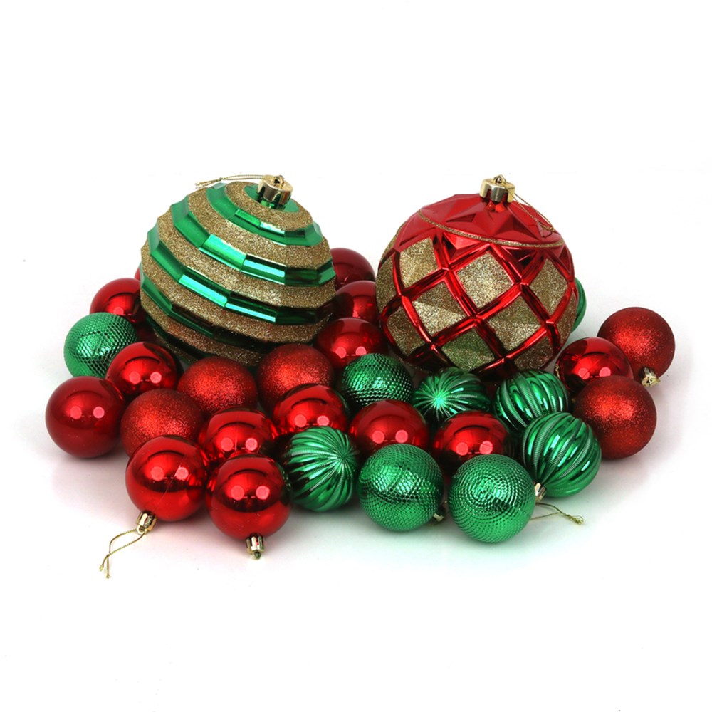 32PK SHATTERPROOF BAUBLE 30X6CM 2X15CM RED, GREEN WITH CHAMPAGNE GLITTER DETAILS
