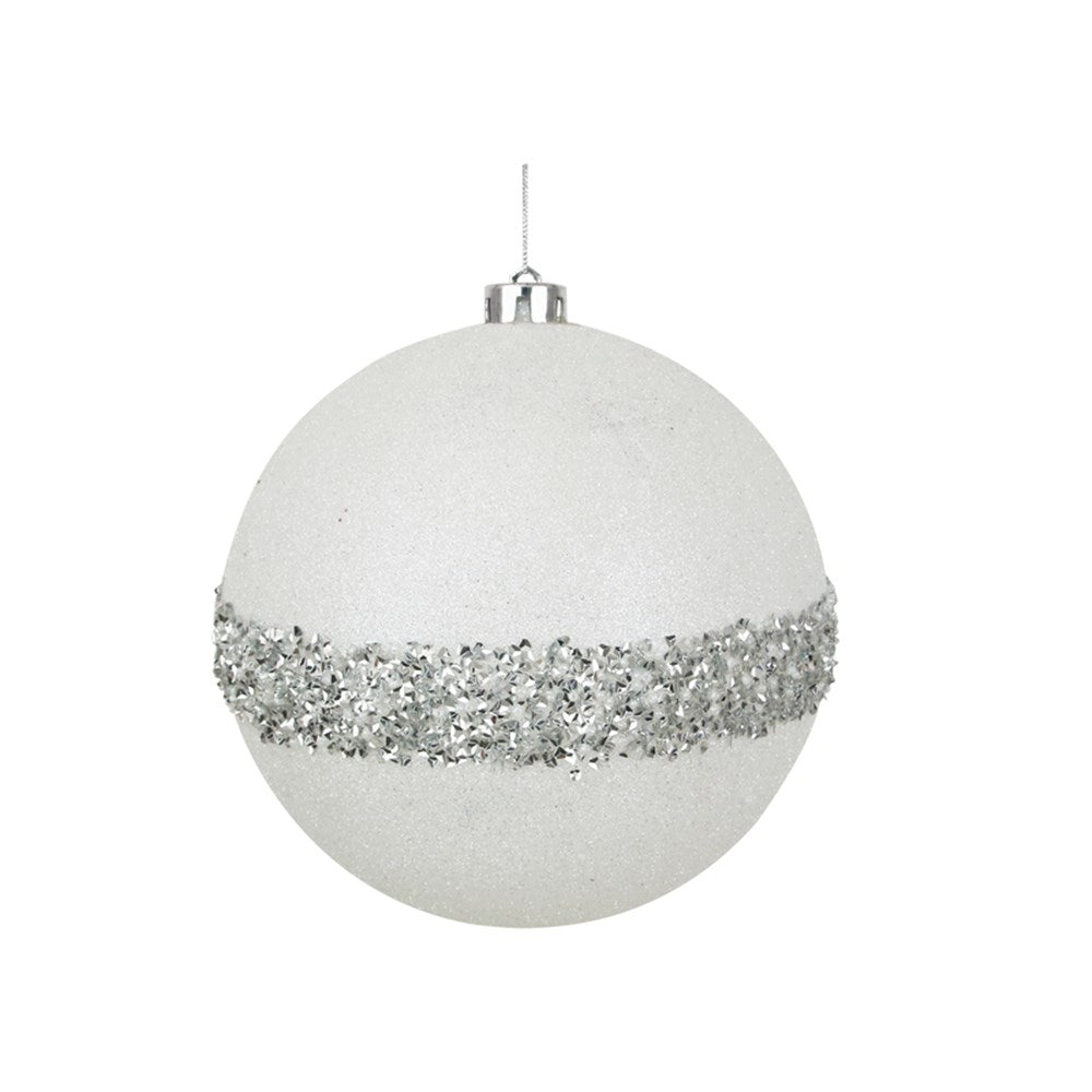 18CM WHITE GLITTER BALL W/BEADED DETAILS