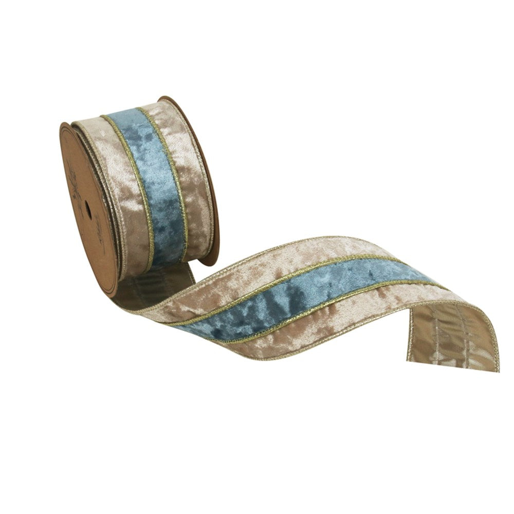 6.3X5M IVORY VELVET RIBBON W/SKY BLUE VELVET INSERT