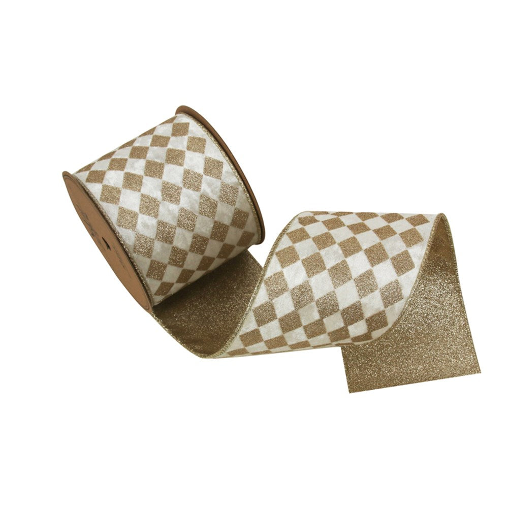 10CM X 5M IVORY & CHAMPAGNE GLITTER CHECK RIBBON W/WIRE EDGING