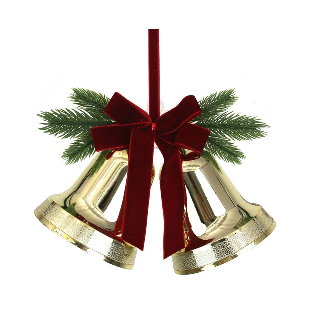 25X18CM GOLD PLASTIC BELLS W/BURGUNDY VELVET RIBBON