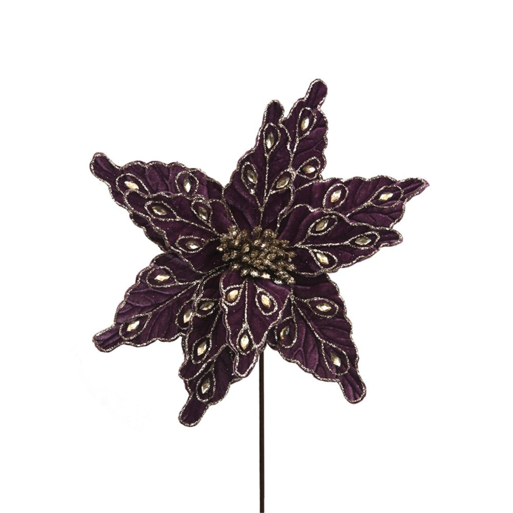 28CM VIOLET VELVET POINSETTIA W/JEWELS 50CM STEM