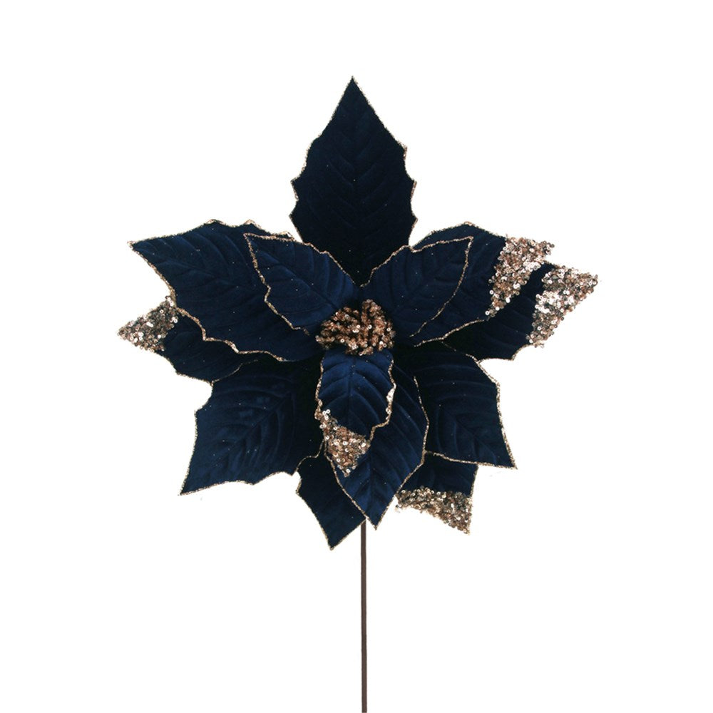 40CM NAVY BLUE VELVET POINSETTIA W/GLITTER DETAILS 50CM STEM