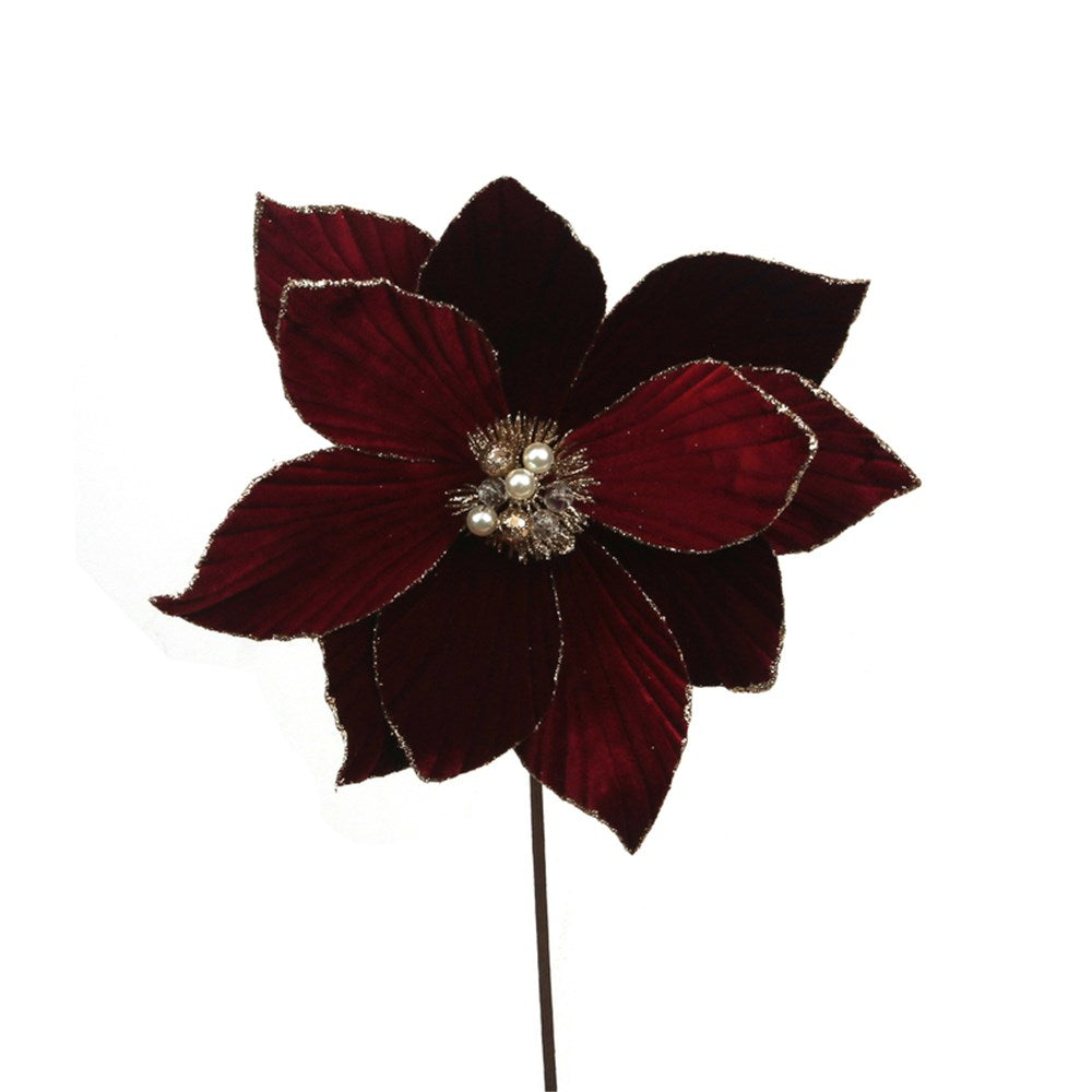 31CM BURGUNDY POINSETTIA W/GLITTER 50CM STEM