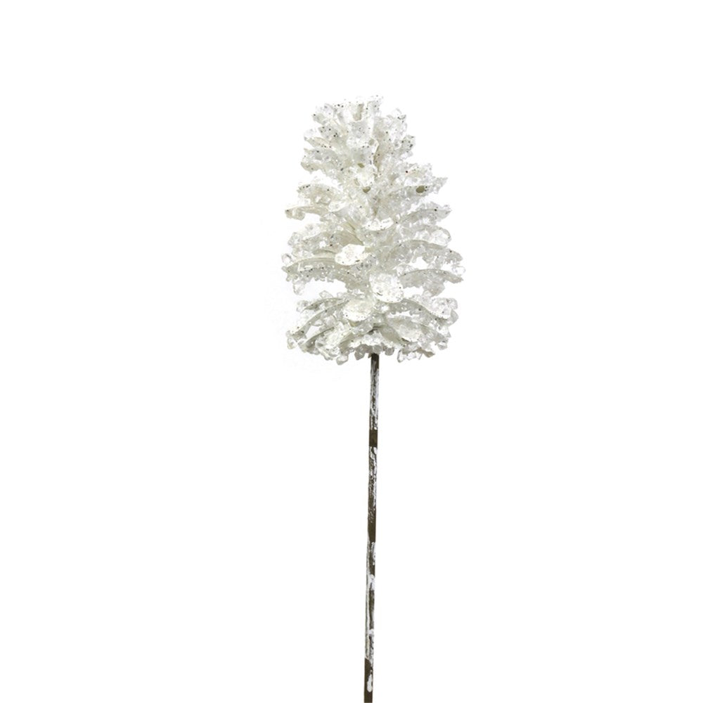 15CM WHITE CRYSTAL PINECONE ON STEM