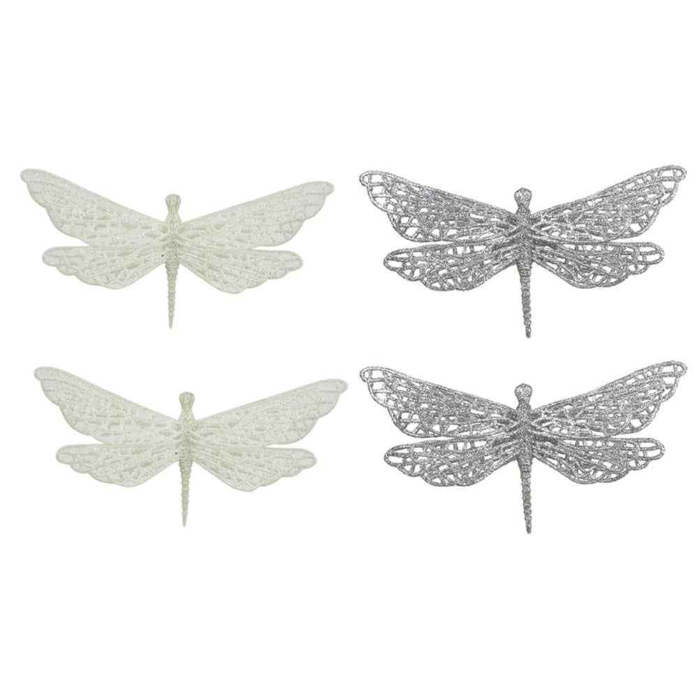 2A 2PK 10X18CM GLITTER DRAGON FLY WHITE & SILVER