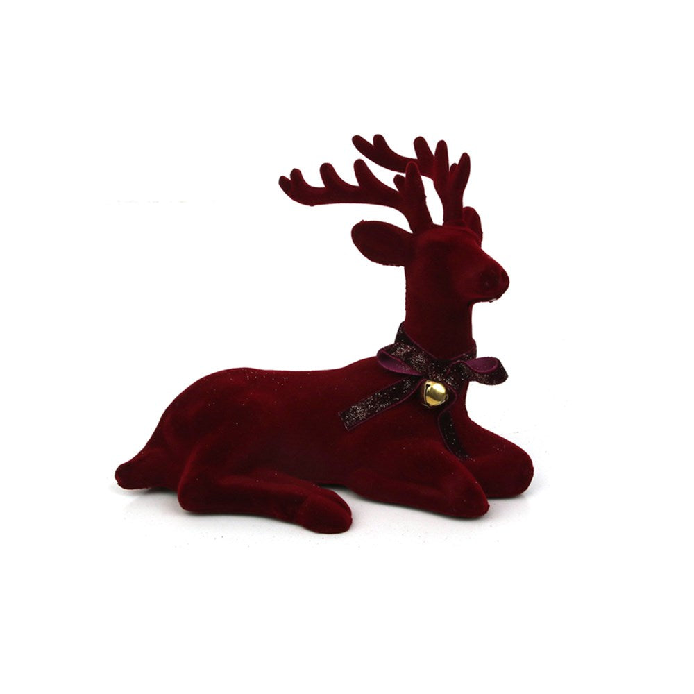 19X15CM BURGUNDY FLOCKED SITTING REINDEER