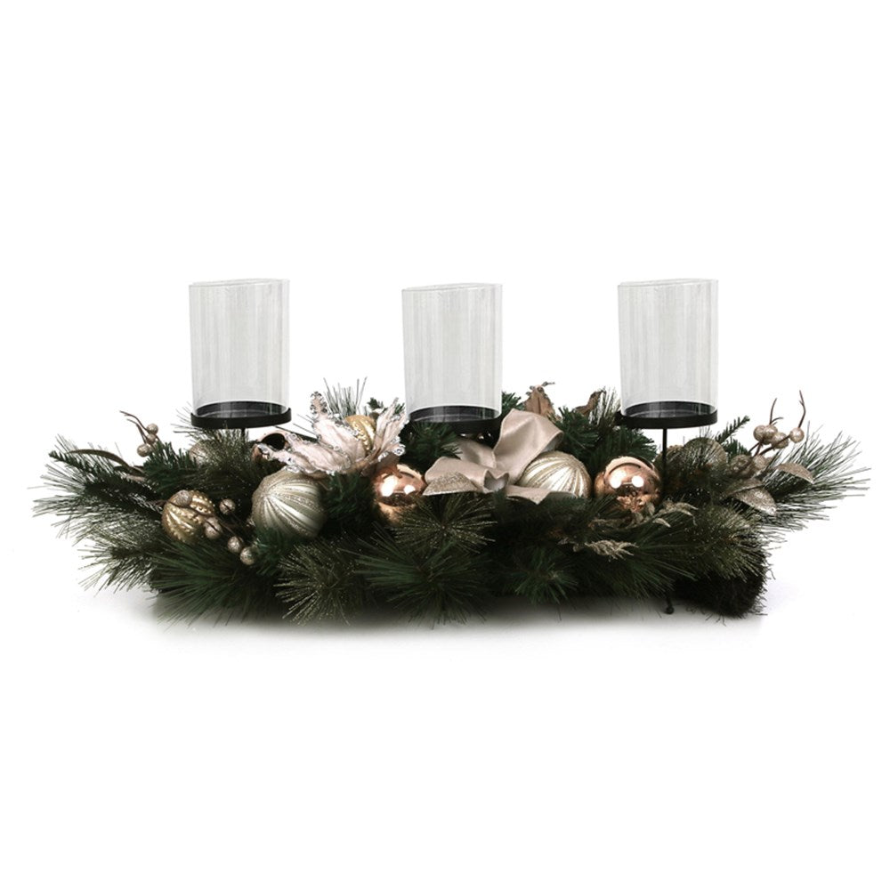 3 CANDLE HOLDER 90X38X20CM W/CHAMPAGNE POINSETTIA DECORATED