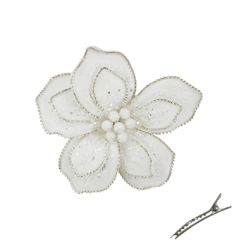 18CM WHITE VELVET FLOWER W/SILVER JEWELS & CLIP