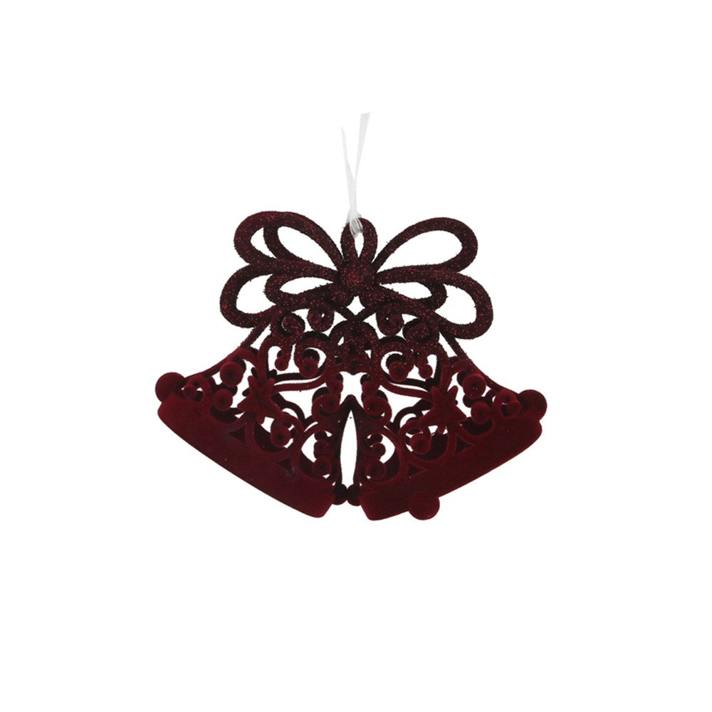 11X14.5CM BURGUNDY FLOCKED BELLS TREE DECO