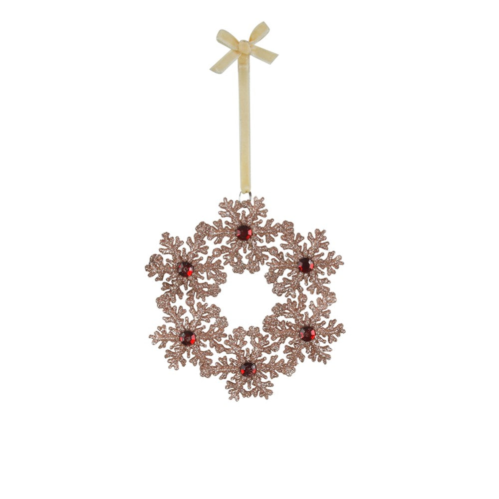 12.6CM ROSE GOLD GLITTER W/RED JEWELS WREATH TREE DECO