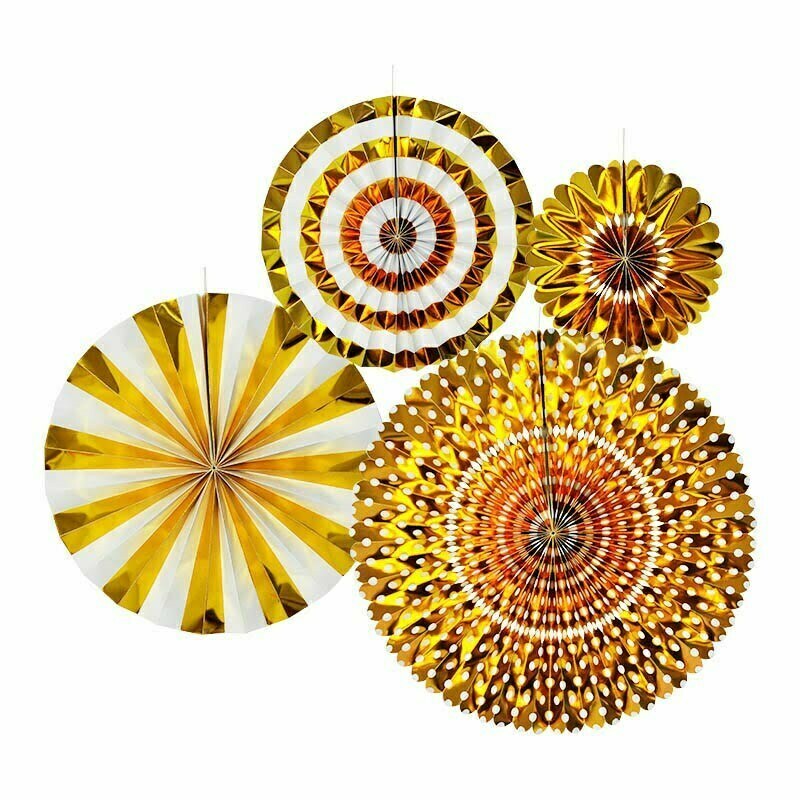 4 Gold Paper Fan Set