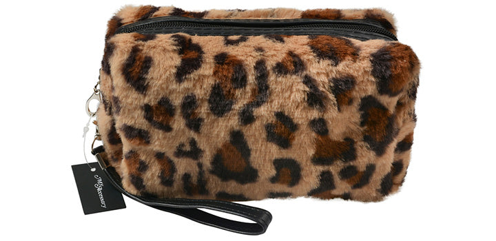 Cosmetic Bag Leopard Faux Fur With Black Trim
