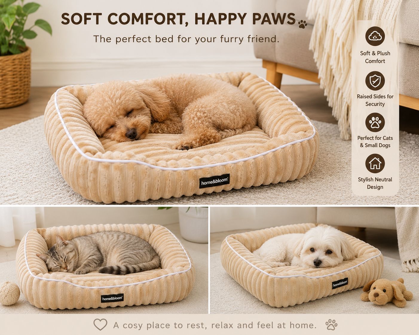 RIBBED CHINCHILLA WALLED BED 60X50X18CM CAMEL