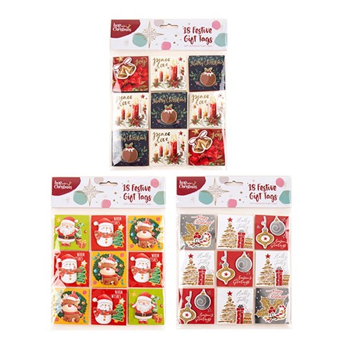 Gift Tags Xmas Self Ad w Tip On Foil Glitter 18pk 3 Asstd