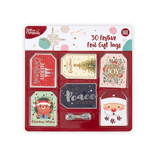 Gift Tags Xmas w Foil Strings 30pk