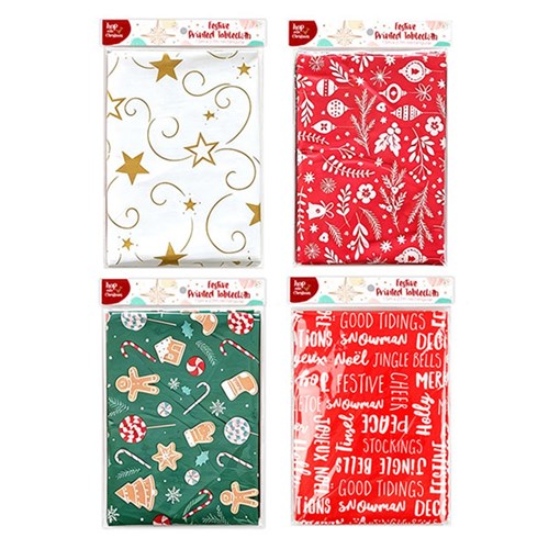 Tablecloth Xmas 150x270cm PEVA w Flannel Backing 4 Asstd