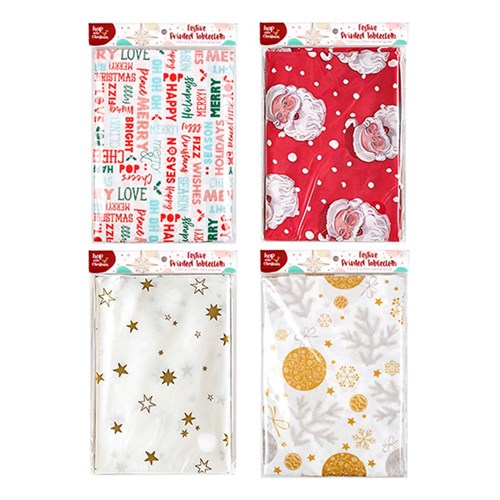 Tablecloth Xmas 130x225cm PEVA w Flannel Backing 4 Asstd