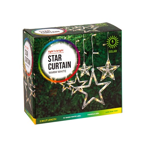 Lights Curtain w Stars 92L Warm White Twinkle 2.1m Solar