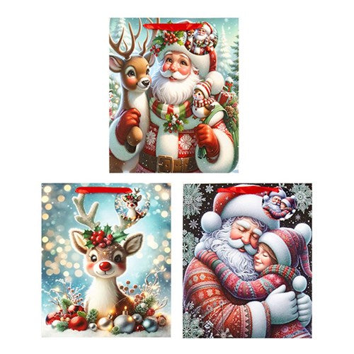 Gift Bag Xmas Crystal Glitter 210gsm L w JHook 3 Asst