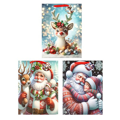 Gift Bag Xmas Crystal Glitter 210gsm XL w JHook 3 Asst