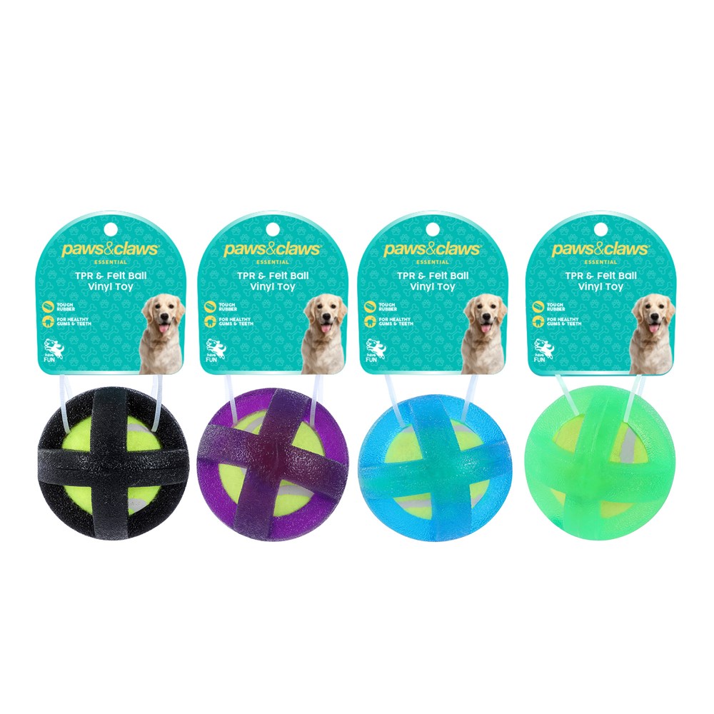 TPR & FELT BALL PET TOY – 9CM 4 ASSTD