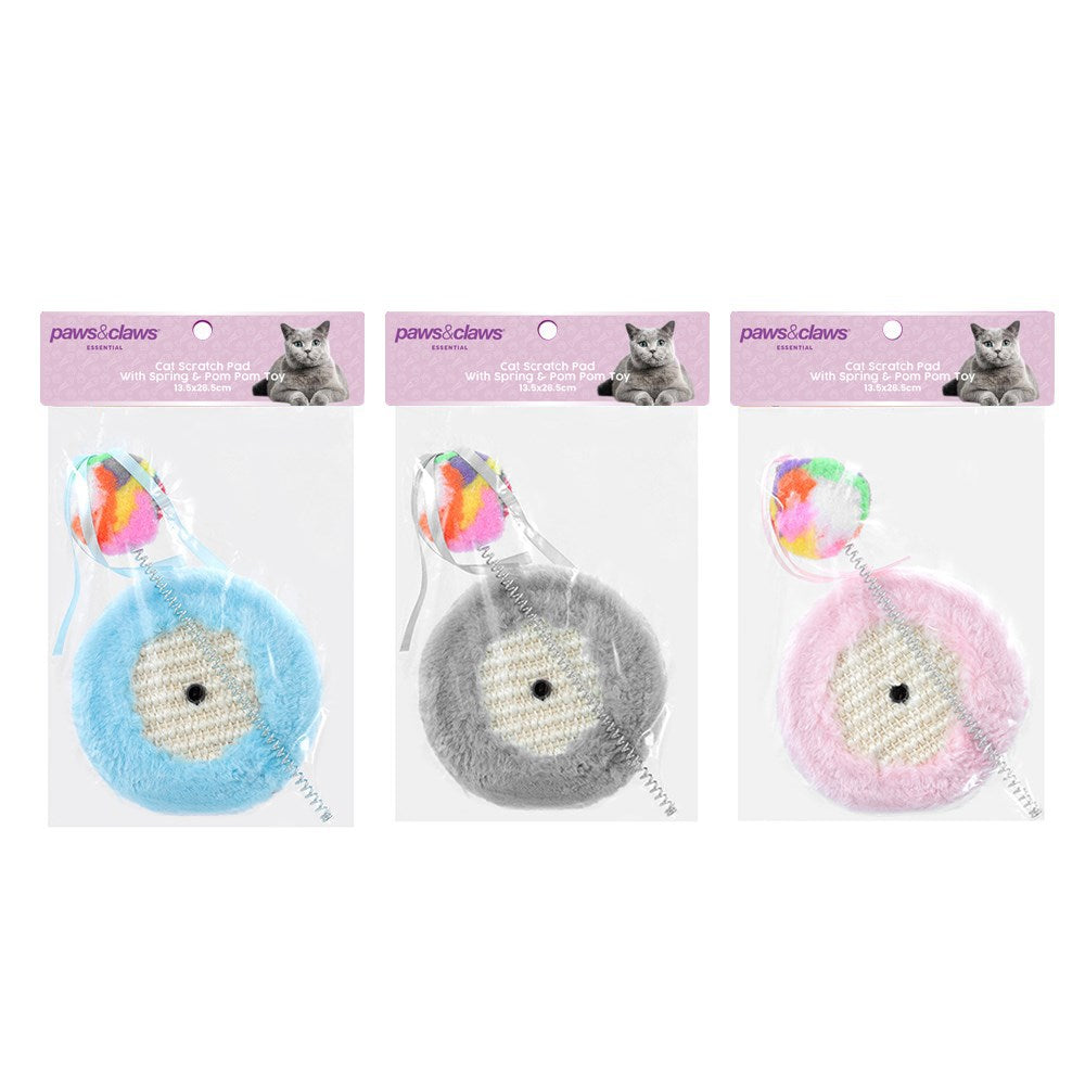 CAT SCRATCHER PAD WITH SPRING – POM POM TOY 3 ASSTD