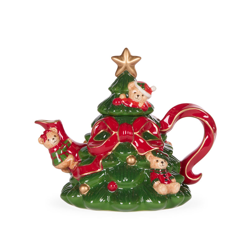 Cozy Teddy Bear Christmas Tree Teapot