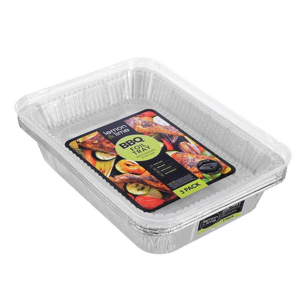 FOIL TRAY W/ PLASTIC LID 3PK 37X27X7CM