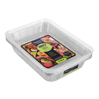 FOIL TRAY W/ PLASTIC LID 3PK 37X27X7CM