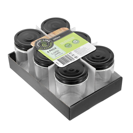 CAPRI GLASS PRESERVE JAR 300ML 6PK BLACK LID