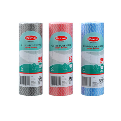 PRIME ALL PURPOSE WIPES 20X20CM 50PK 30GSM 3 ASSTD