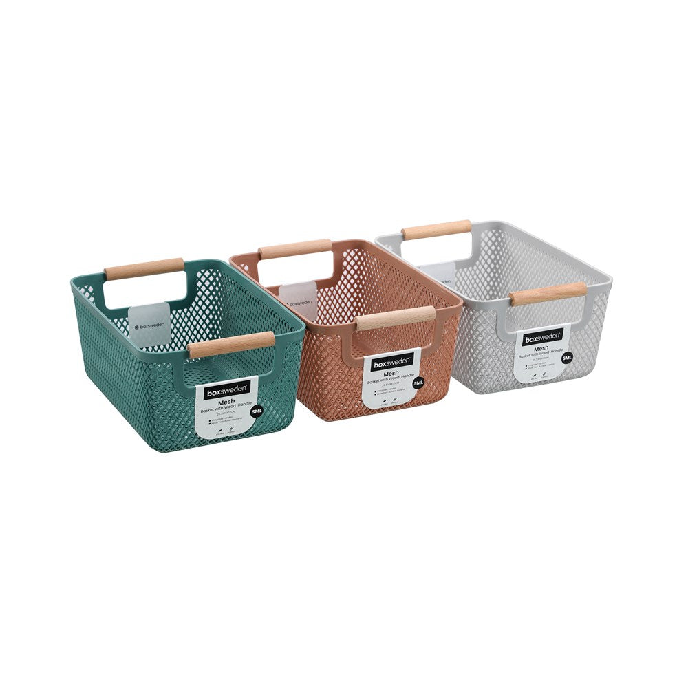 MESH PLASTIC BASKET WOOD HANDLE 4.5L 26.5X18X12CM 3 ASSTD