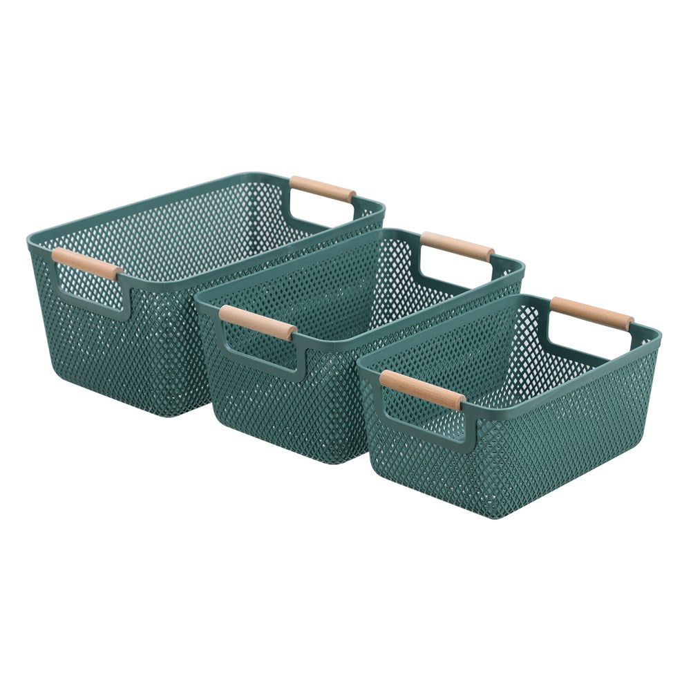MESH PLASTIC BASKET WOOD HANDLE 10L 35X22X16CM 3 ASSTD