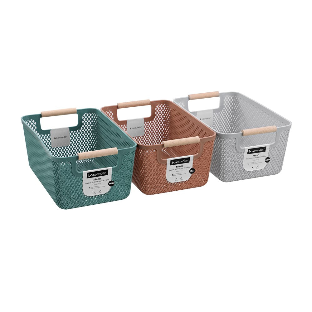 MESH PLASTIC BASKET WOOD HANDLE 7.5L 31X20X14CM 3 ASSTD