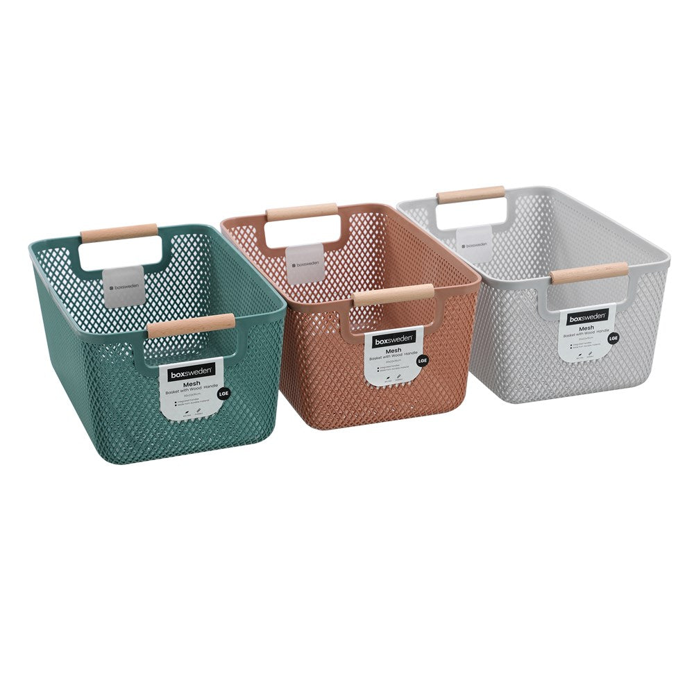 MESH PLASTIC BASKET WOOD HANDLE 10L 35X22X16CM 3 ASSTD