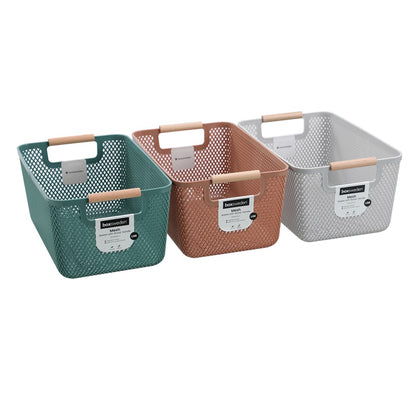 MESH PLASTIC BASKET WOOD HANDLE 10L 35X22X16CM 3 ASSTD