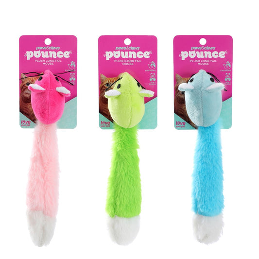 POUNCE PLUSH LONG TAIL MOUSE 3 ASSTD COLS 22.5X4CM