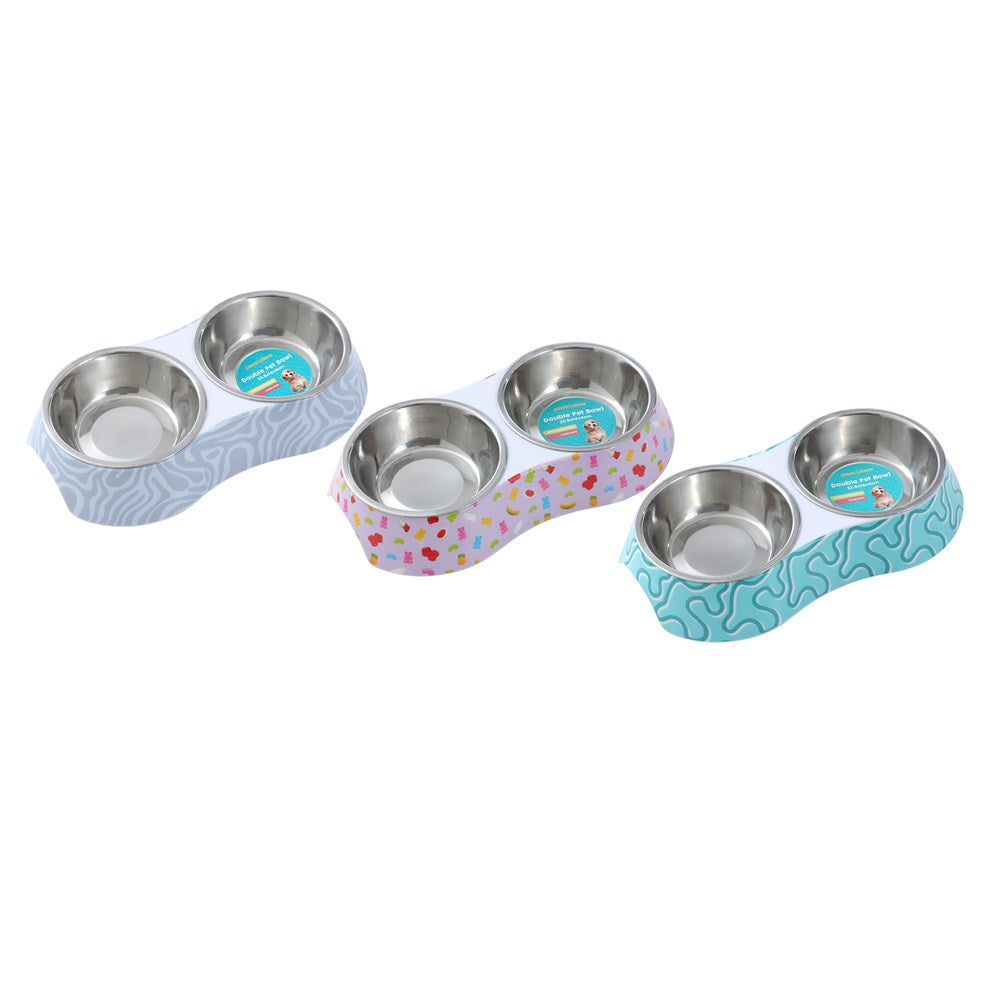 DOUBLE PET BOWL MELAMINE & STAINLESS STEEL 23.5X14X4CM 3 ASSTD