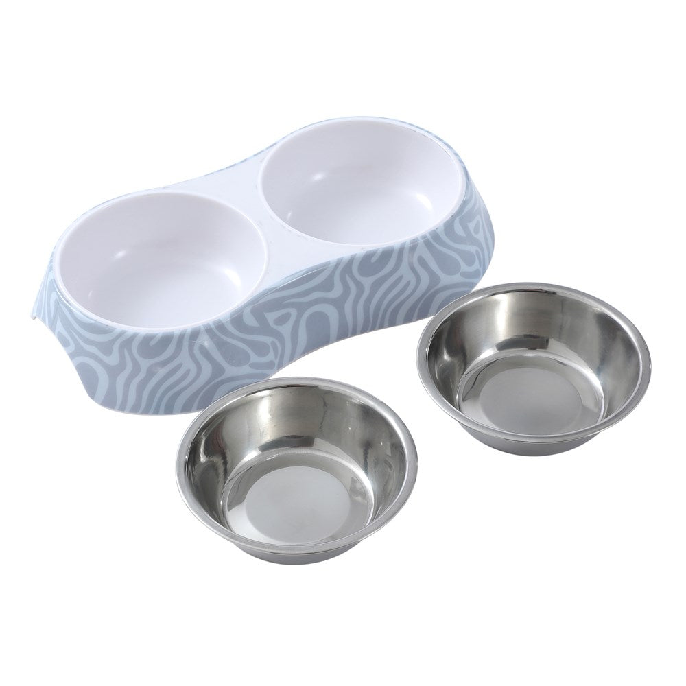 DOUBLE PET BOWL MELAMINE & STAINLESS STEEL 23.5X14X4CM 3 ASSTD