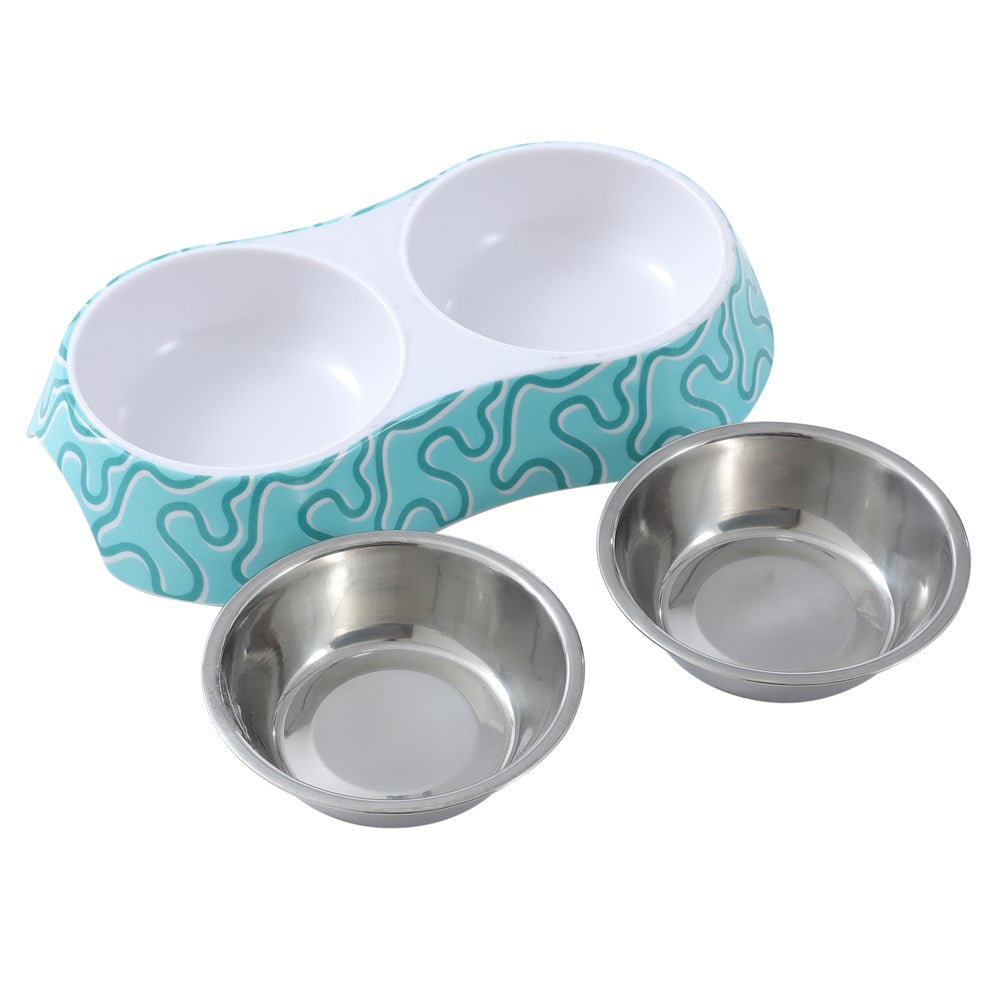 DOUBLE PET BOWL MELAMINE & STAINLESS STEEL 23.5X14X4CM 3 ASSTD