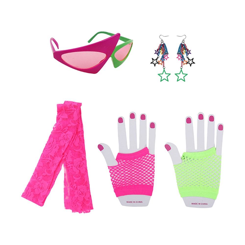 4PC 80'S DRESS UP ACCESSORIES-HEADSCARF, GLASSES, EARRINGS, GLOVES