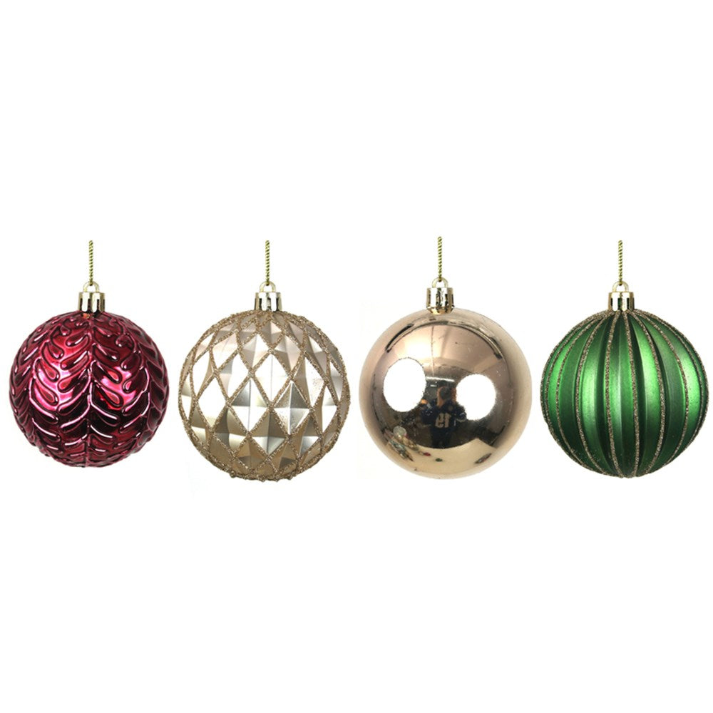 24PK 8CM MULBERRY WINE, FORREST GREEN & CHAMPAGNE BAUBLE