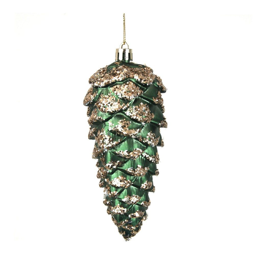 13CM FOREST GREEN W/CHAMPAGNE GLITTER PINE CONE TREE DECO